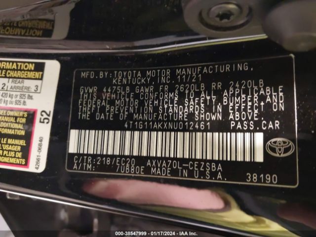 4T1G11AKXNU012461 Toyota Camry Se Nightshade Edition