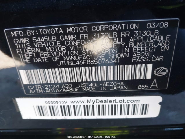 2008 LEXUS LS 460 VIN: JTHBL46F885076341