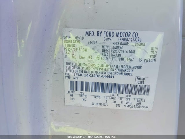 2011 FORD ESCAPE HYBRID VIN: 1FMCU4K32BKA44441