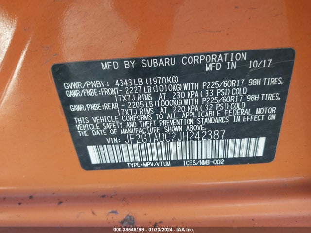 2018 SUBARU CROSSTREK 2.0I PREMIUM VIN: JF2GTADC2JH242387