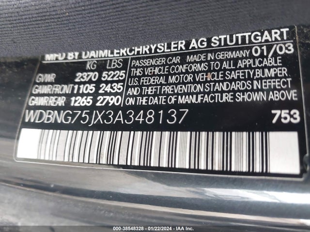 2003 MERCEDES-BENZ S-CLASS 5.0L VIN: WDBNG75JX3A348137