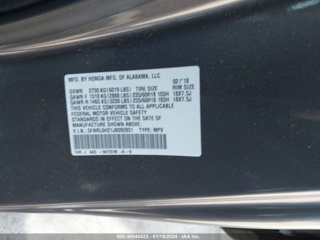 5FNRL6H21JB093931 Honda ODYSSEY LX