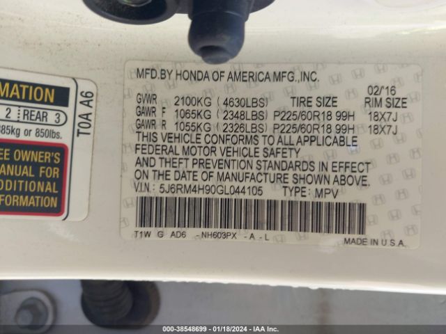 5J6RM4H90GL044105 Honda Cr-v Touring