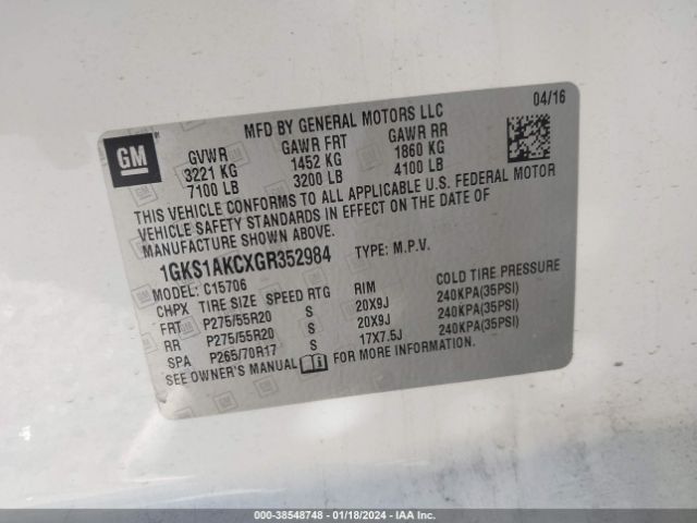 1GKS1AKCXGR352984 GMC YUKON SLE
