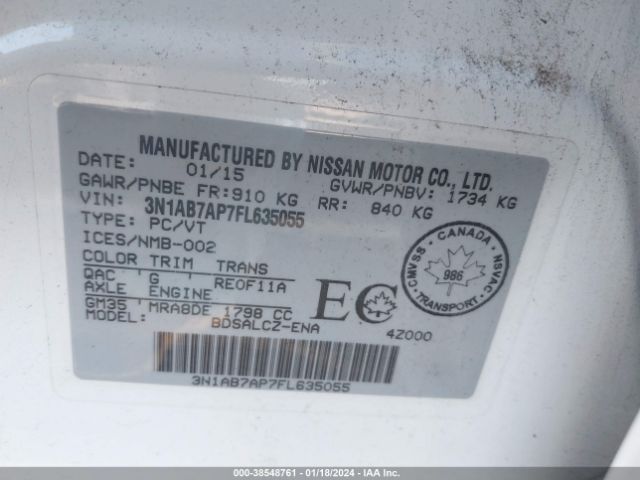 3N1AB7AP7FL635055 Nissan Sentra Fe+ S/s/sl/sr/sv