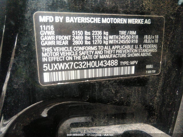 BMW X3 Xdrive35i 2017 5UXWX7C32H0U43488 Image 9