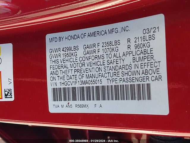 Honda ACCORD LX 2021 1HGCV1F13MA055015 Image 9