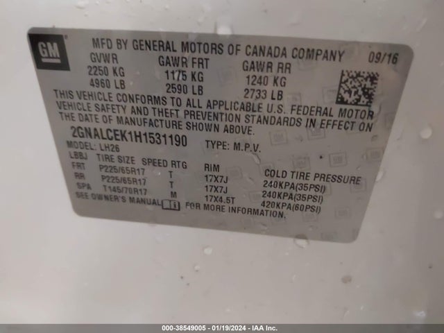 Chevrolet EQUINOX LT 2017 2GNALCEK1H1531190 Image 9