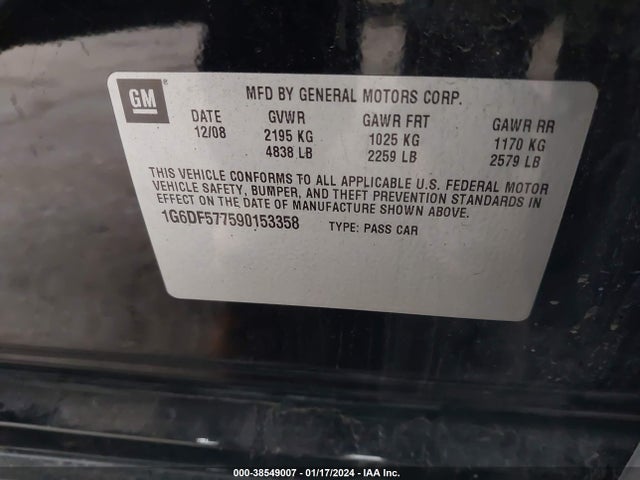 2009 CADILLAC CTS STANDARD VIN: 1G6DF577590153358