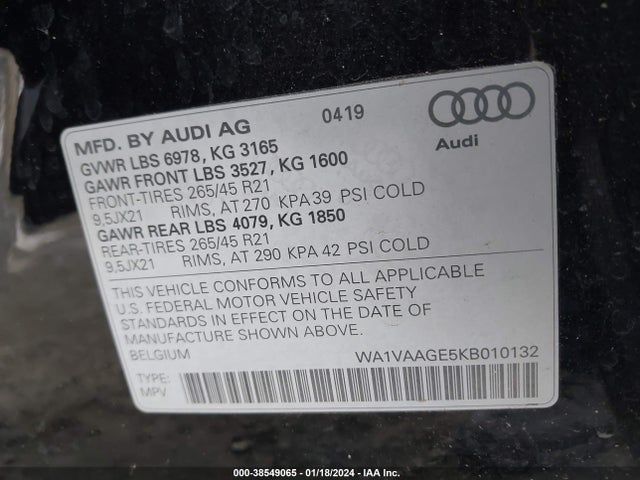 WA1VAAGE5KB010132 Audi E-tron Premium Plus