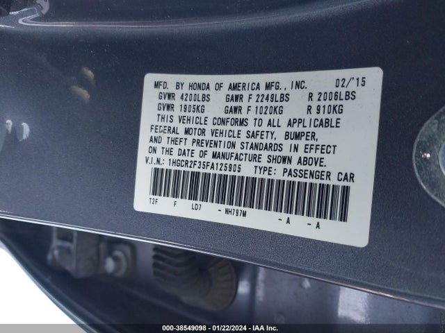 Honda ACCORD LX 2015 1HGCR2F35FA125905 Image 9