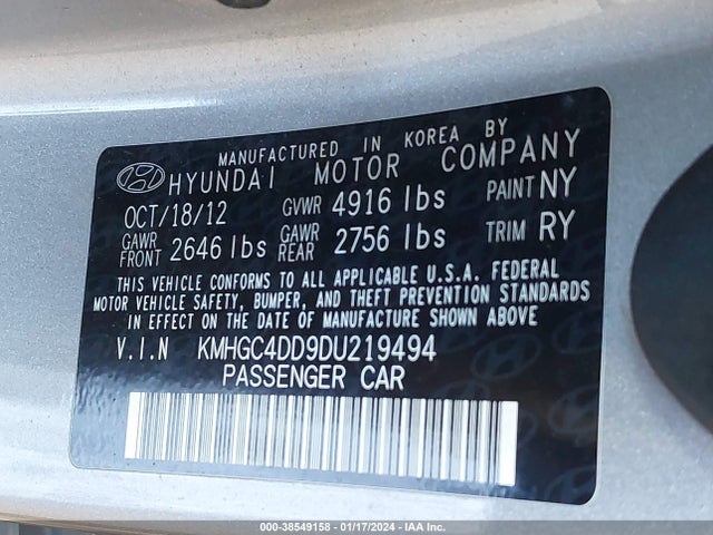 2013 HYUNDAI GENESIS 3.8 VIN: KMHGC4DD9DU219494