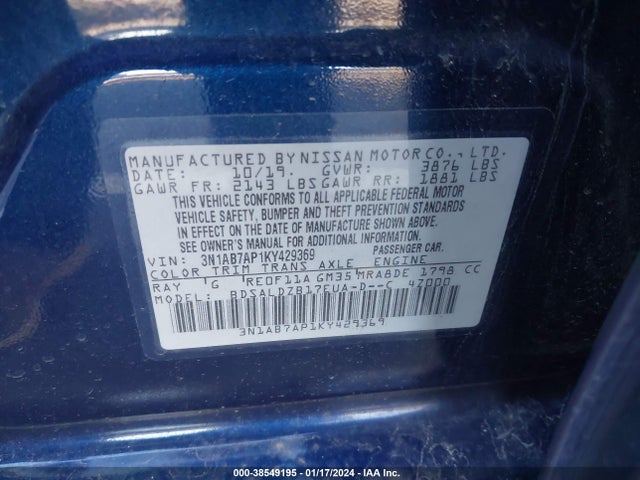 Nissan SENTRA SV 2019 3N1AB7AP1KY429369 Image 9