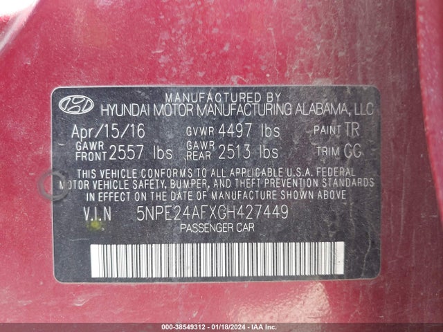2016 HYUNDAI SONATA SE VIN: 5NPE24AFXGH427449