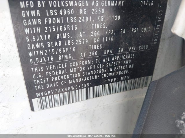 38549404 :رقم المزاد ، WVGBV7AX4GW583951 vin ، 2016 Volkswagen Tiguan S مزاد بيع