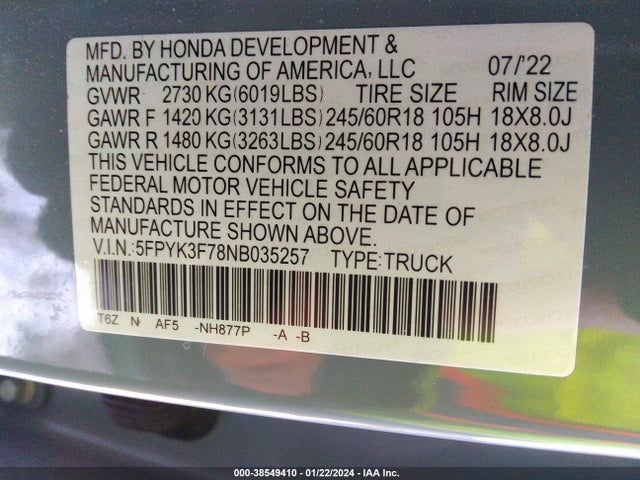 Honda Ridgeline Rtl-e 2022 5FPYK3F78NB035257 Image 9