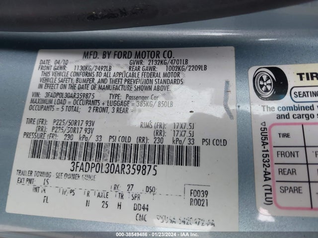 2010 FORD FUSION HYBRID VIN: 3FADP0L30AR359875