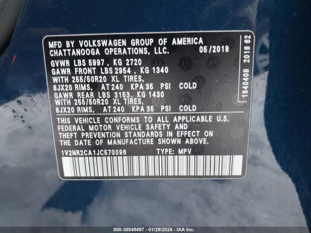 1V2NR2CA1JC570096 Volkswagen Atlas 3.6l V6 Sel Premium