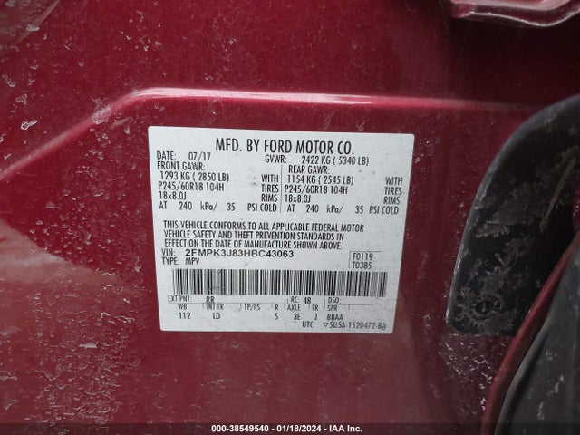 2017 FORD EDGE SEL VIN: 2FMPK3J83HBC43063
