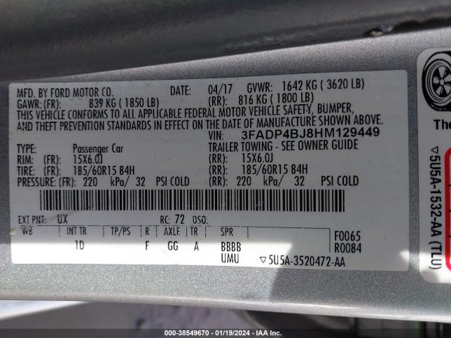 2017 FORD FIESTA SE VIN: 3FADP4BJ8HM129449