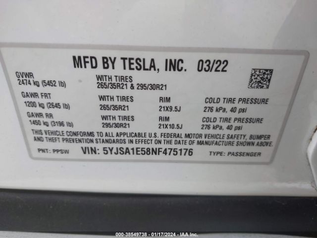 2022 TESLA MODEL S 5YJSA1E58NF475176 Photo 8
