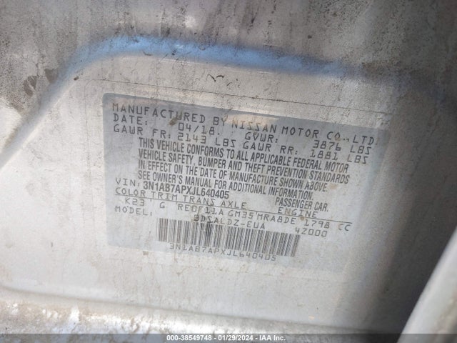 Nissan SENTRA SV 2018 3N1AB7APXJL640405 Image 9