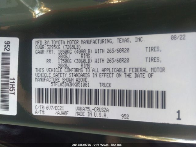 5TFLA5DA3NX051081 Toyota Tundra Sr5