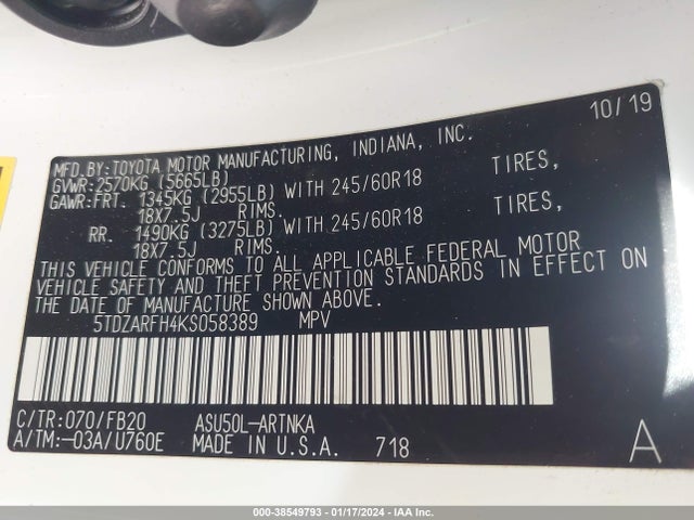 Toyota Highlander Le 2019 5TDZARFH4KS058389 Image 9