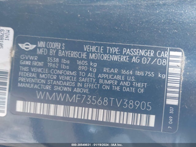 2008 MINI COOPER S WMWMF73568TV38905 Photo 8