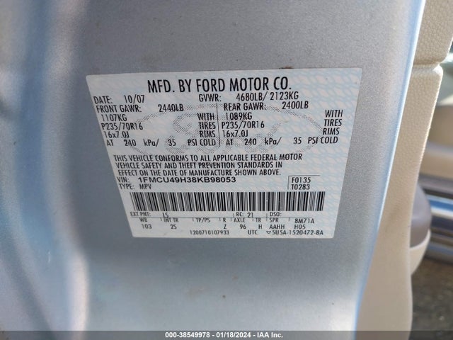 2008 FORD ESCAPE HYBRID VIN: 1FMCU49H38KB98053