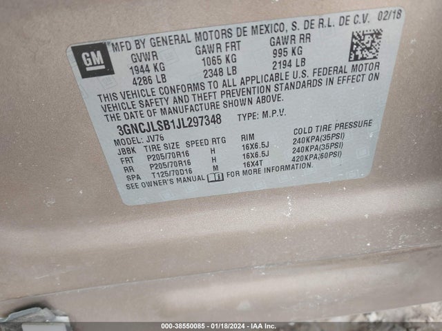 Chevrolet Trax Lt 2018 3GNCJLSB1JL297348 Image 9