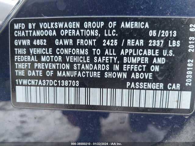 2013 VOLKSWAGEN PASSAT 2.0L TDI SEL PREMIUM VIN: 1VWCN7A37DC138703