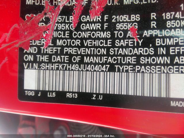 SHHFK7H49JU404047 Honda Civic Sport