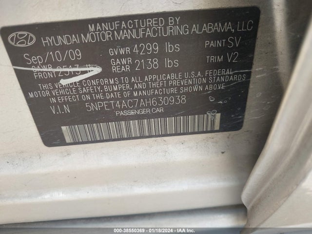 2010 HYUNDAI SONATA GLS VIN: 5NPET4AC7AH630938