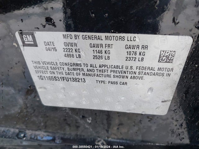 Chevrolet IMPALA 2LZ 2015 1G1165S31FU138213 Image 9