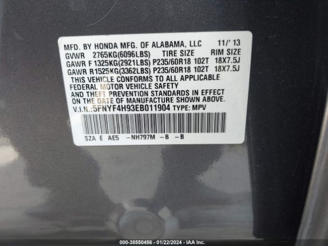 5FNYF4H93EB011904 Honda Pilot Touring