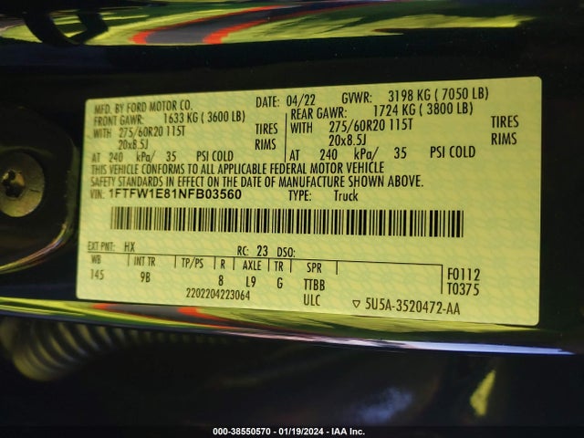 2022 FORD F-150 PLATINUM VIN: 1FTFW1E81NFB03560