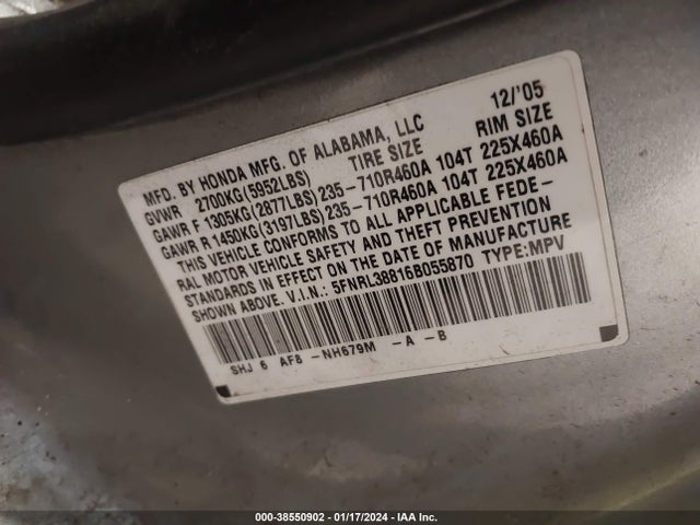 2006 HONDA ODYSSEY TOURING VIN: 5FNRL38816B055870