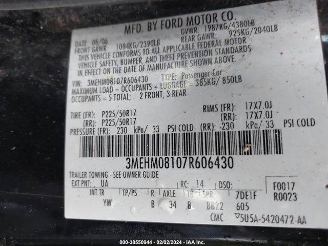 2007 MERCURY MILAN V6 PREMIER VIN: 3MEHM08107R606430