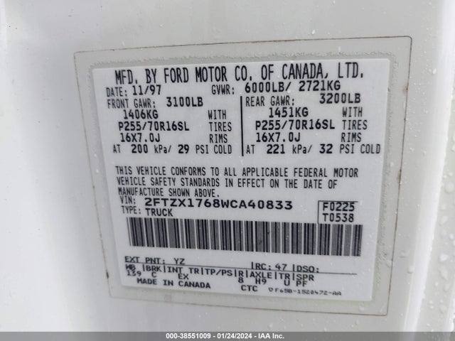 1998 FORD F-150 LARIAT/STANDARD/XL/XLT VIN: 2FTZX1768WCA40833