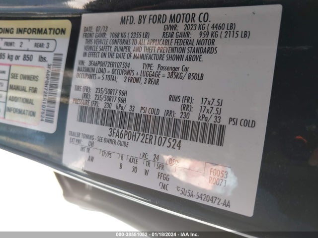 Ford FUSION SE 2014 3FA6P0H72ER107524 Image 9