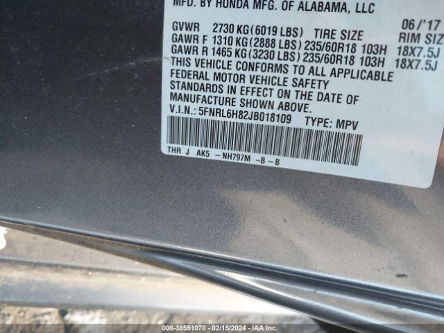 5FNRL6H82JB018109 Honda Odyssey Touring
