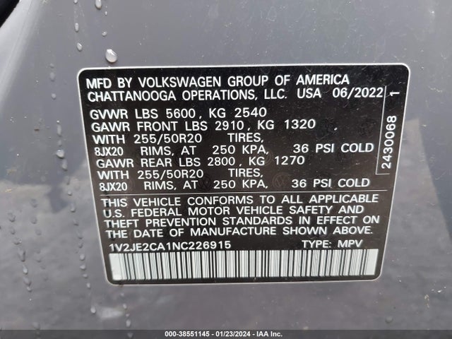 1V2JE2CA1NC226915 Volkswagen Atlas Cross Sport 3.6l V6 Se W/technology