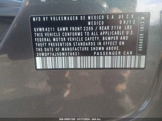 2013 VOLKSWAGEN JETTA 2.5L SE VIN: 3VWDP7AJ9DM376631