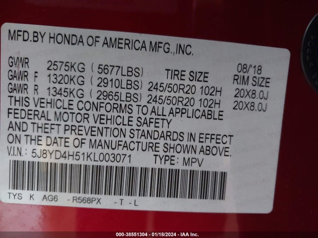 5J8YD4H51KL003071 Acura Mdx Technology Pkg