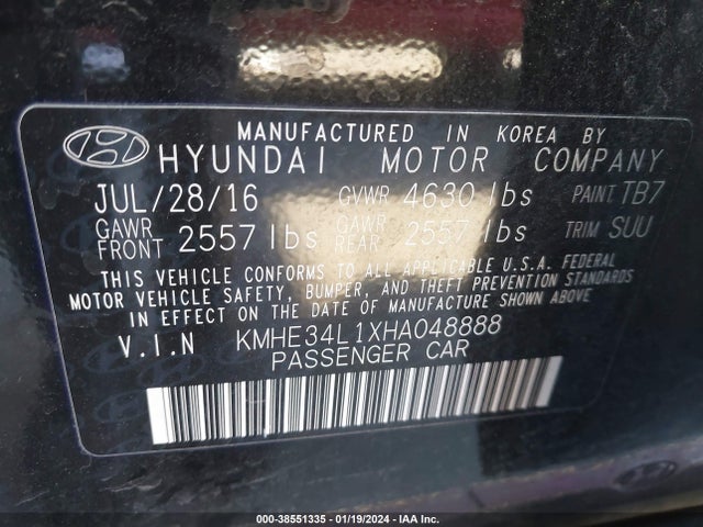 2017 HYUNDAI SONATA HYBRID LIMITED VIN: KMHE34L1XHA048888