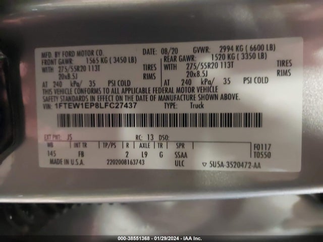 Ford F-150 Xlt 2020 1FTEW1EP8LFC27437 Image 9