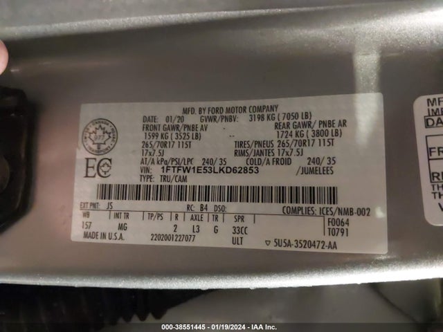 2020 FORD F-150 XLT VIN: 1FTFW1E53LKD62853