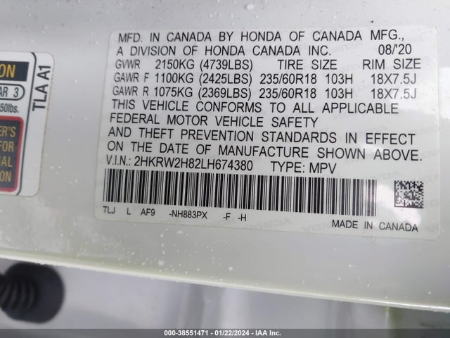Honda Cr-v Awd Ex-l 2020 2HKRW2H82LH674380 Image 9