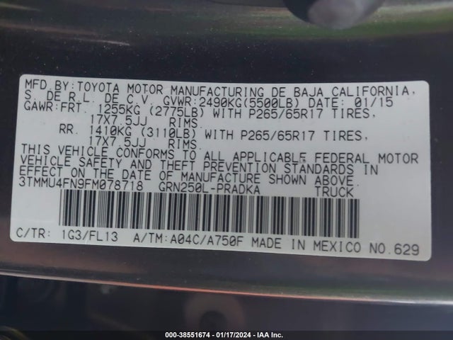 2015 TOYOTA TACOMA BASE V6 VIN: 3TMMU4FN9FM078718